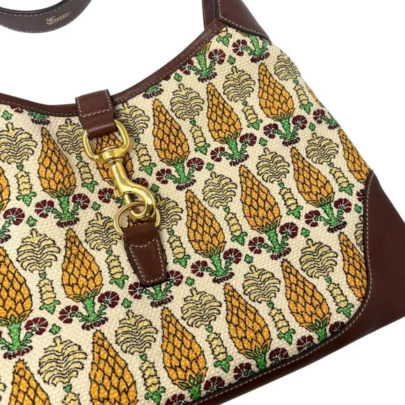 GUCCI Vintage Jackie Pigna Pineapple Jacquard Shoulder Bag Brown Yellow [106290] - Picture 10 of 13